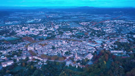 Uzès-during-the-dawn-aerial-shot-high-altitude-view-France-Gard